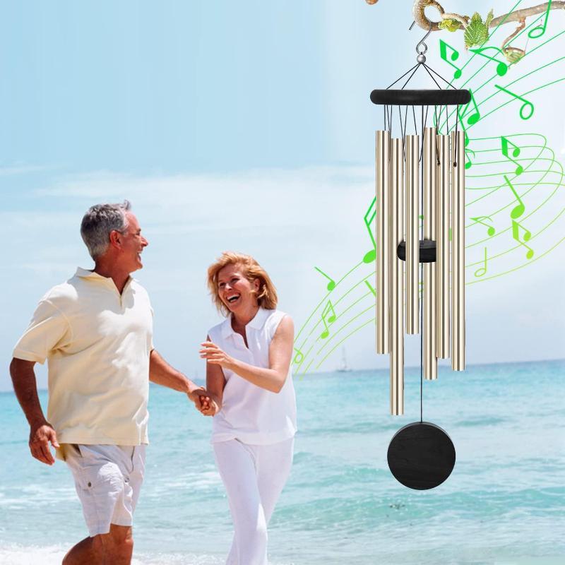 Wind Chime Tubular - 【D】風鈴 赤い木とアルミニウム素材 6本の金属管 八角形の吊り下げタグ 室内・屋外の家の装飾用