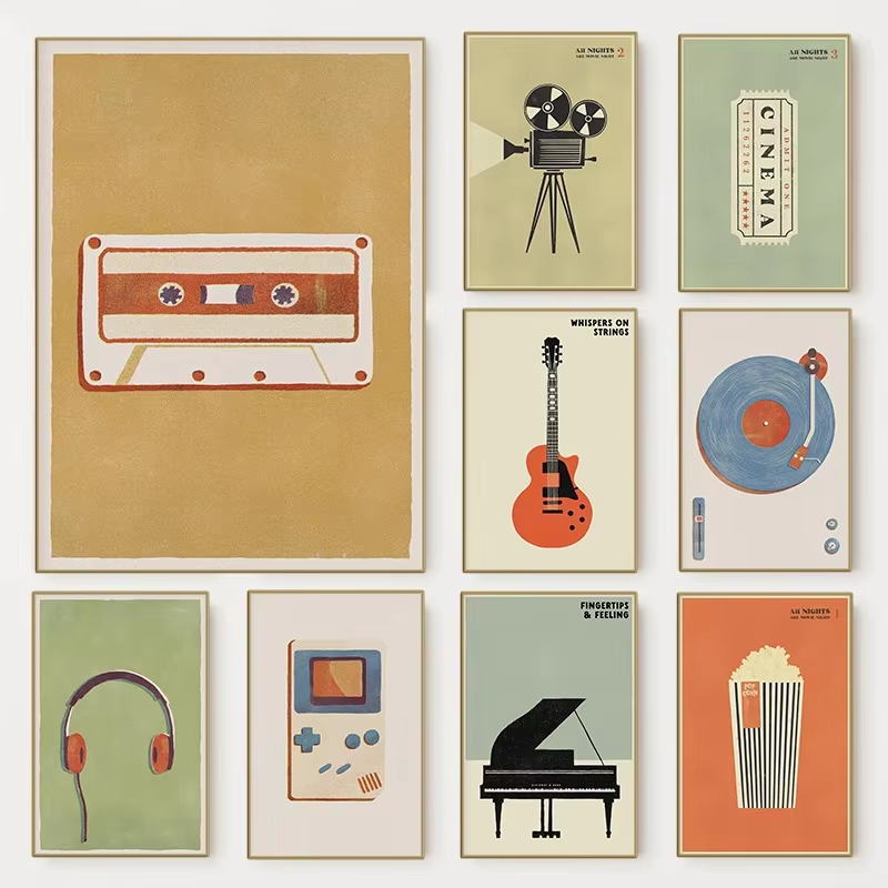 Musical Instrument Poster - レトロな中世風ポップミュージック楽器ポスター | 90年代のファッションミュージカルキャンバスアート | 家、リビングルーム、バーの装飾