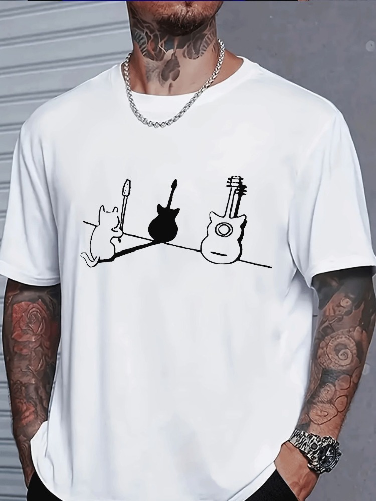 Musical Instrument Poster - ミニマルラインアートメンズネイビー半袖コットンTシャツ猫とエレクトリックアコースティックギターアウトラインプリント音楽ファンアーバントップス