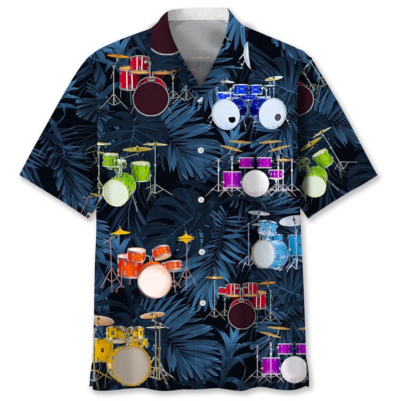 Musical Instrument Hawaiian - 男性用3DプリントのハワイアンTシャツ,ヴィンテージ,ドラム,音楽付き,半袖,ストリート,ラペルブラウス