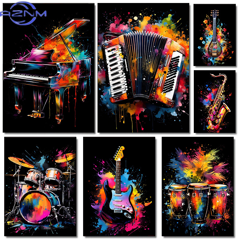 Musical Instrument Poster - クラシックファッション楽器ピアノギター音楽祭ポスターキャンバス絵画壁アート写真音楽スタジオ家の装飾