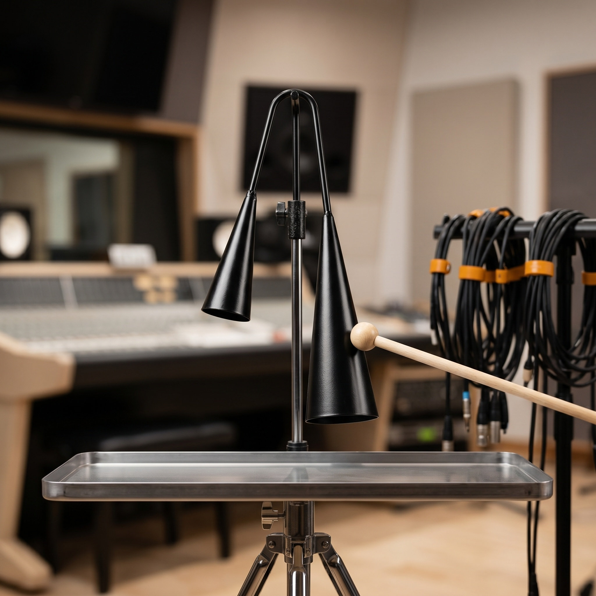Musical Instrument Agogo - 金属製の幼児教育用アゴゴベル、黒色、伝統的な小型の二音階楽器、サンバの打楽器、木製。