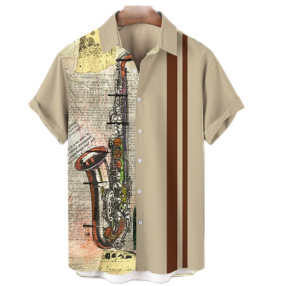 Musical Instrument Hawaiian - メンズハワイアンシャツ男性用カジュアル楽器 3D プリントシャツルーズ半袖ビーチブラウストップス Camicias オム