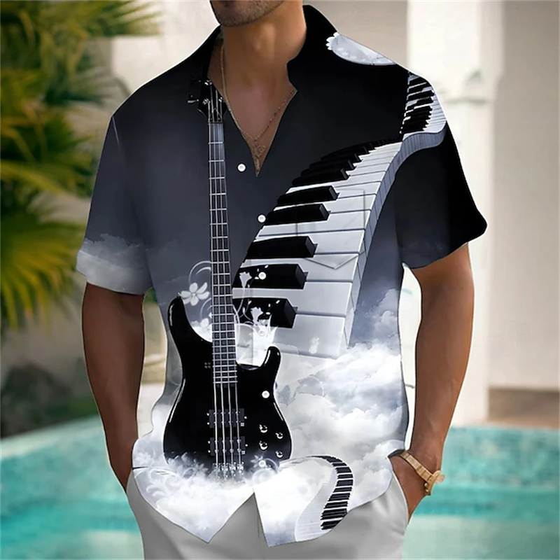 新しい夏のトロピカルアロハシャツ夏 3D 印刷楽器半袖ブラウ - Musical Instrument Hawaiian のレビューと価格
