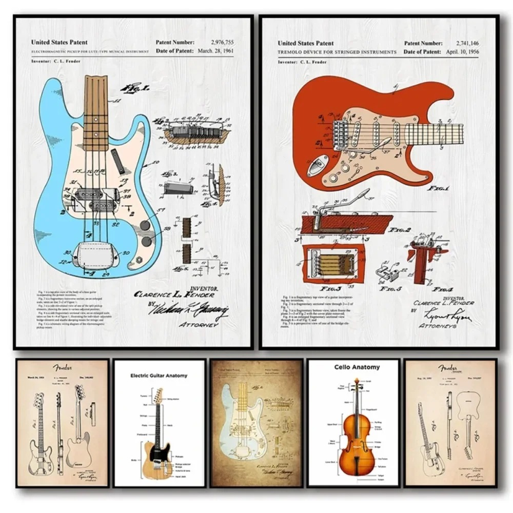 エレクトリックギターの解剖学ポスター,キャンバスプリント,壁 - Musical Instrument Poster のレビューと価格