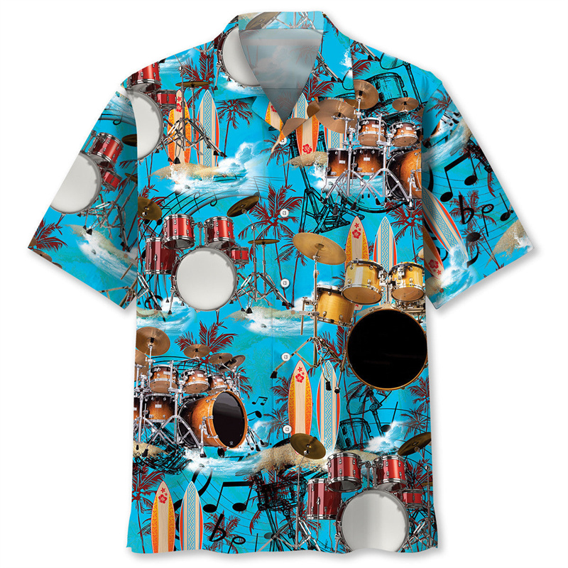 男性用3DプリントのハワイアンTシャツ,ヴィンテージ,ドラム - Musical Instrument Hawaiian のレビューと価格