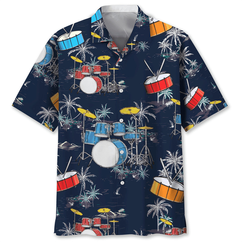 男性用3DプリントのハワイアンTシャツ,ヴィンテージ,ドラム - Musical Instrument Hawaiian のレビューと価格