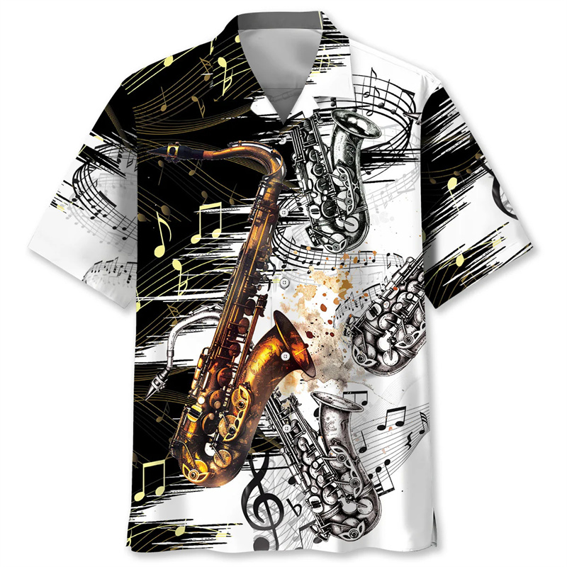サックストロピカルアロハシャツ夏 3D 印刷楽器半袖ブラウス - Musical Instrument Hawaiian のレビューと価格