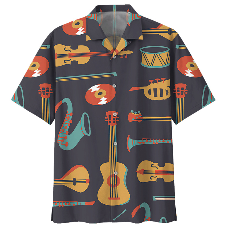 男性用ハワイアン半袖ブラウス、サックスギターパターン、ギター - Musical Instrument Hawaiian のレビューと価格
